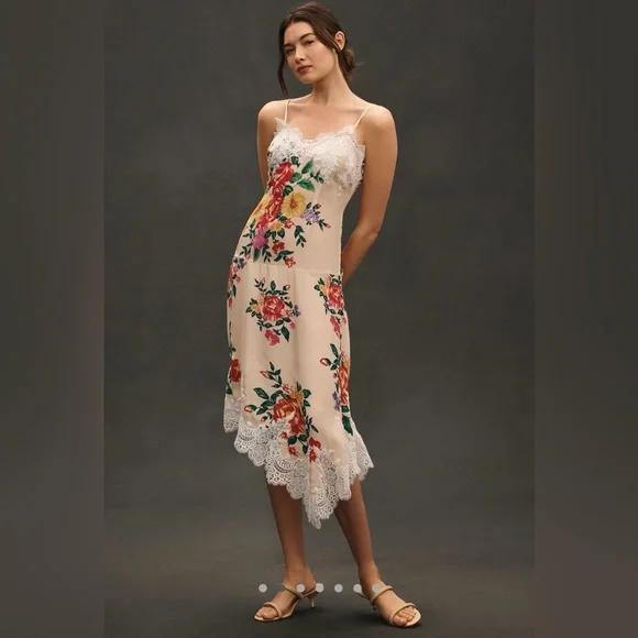 By Anthropologie sleeveless V neck lace slip midi dress
